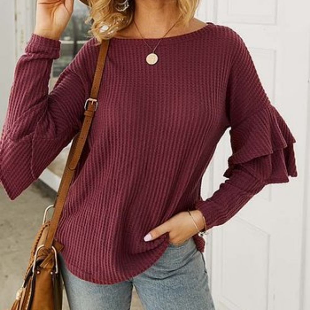 Gaovot Wine Red Ruffle Sleeve Sweater